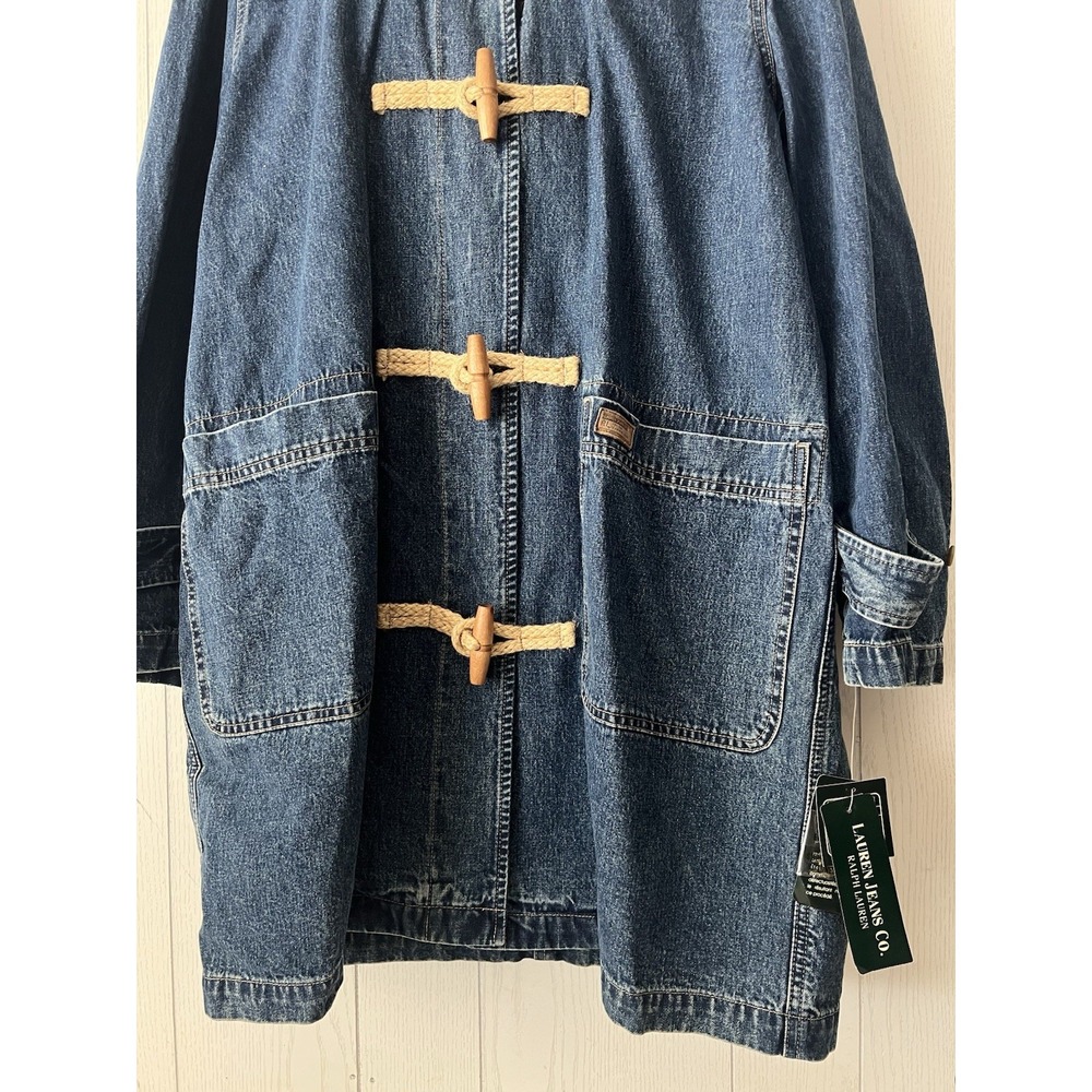 NEW VTG Ralph Lauren Duffle Coat Women M Denim Hooded Wood Toggle Jacket - Picture 13 of 16